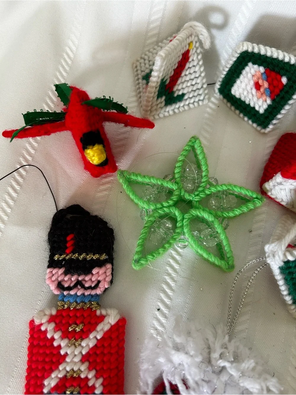 Vintage Plastic Canvas Christmas Ornament Set Santa Elf Angel Spice Box Candle